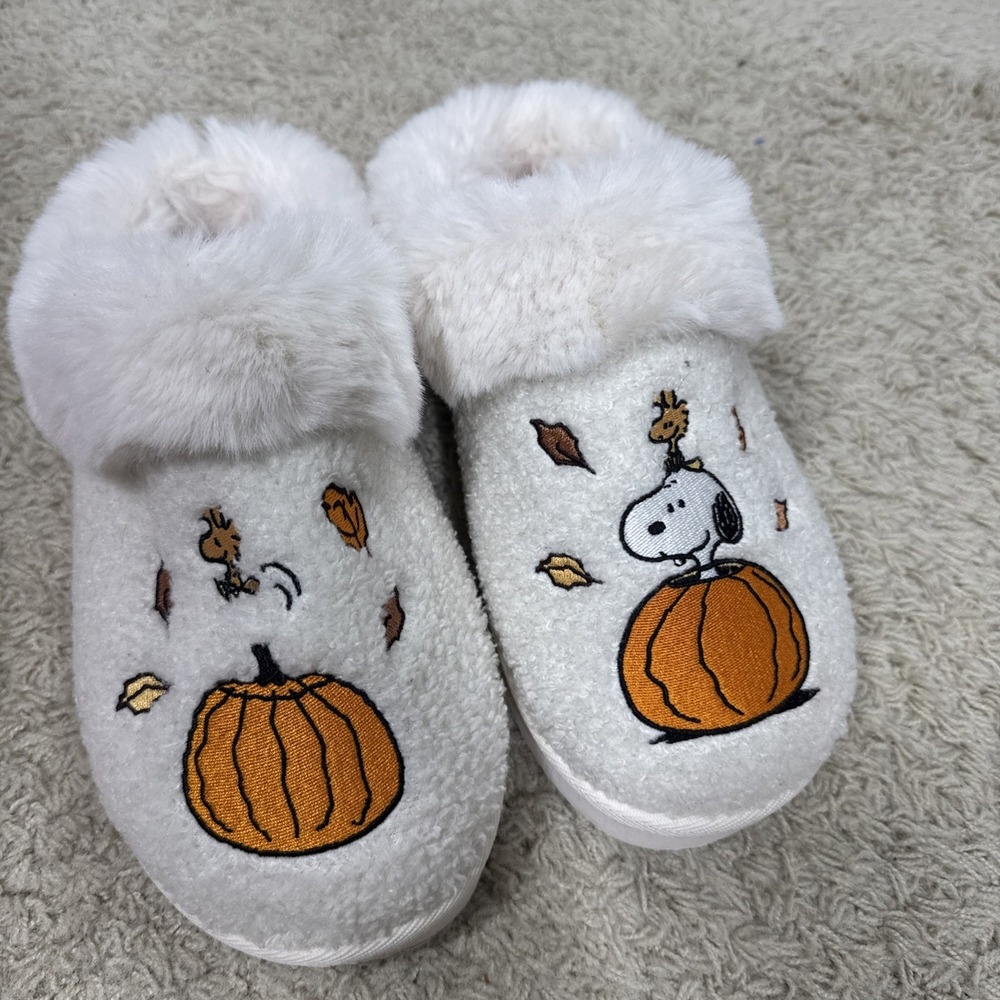 American Eagle Peanuts Snoopy Pumpkin Halloween Slip-On Fuzzy Slippers Size 10 - Picture 2 of 11